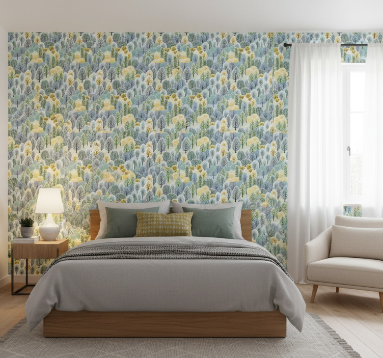 Nordic wallpaper green and yellow artistic trees - TenStickers