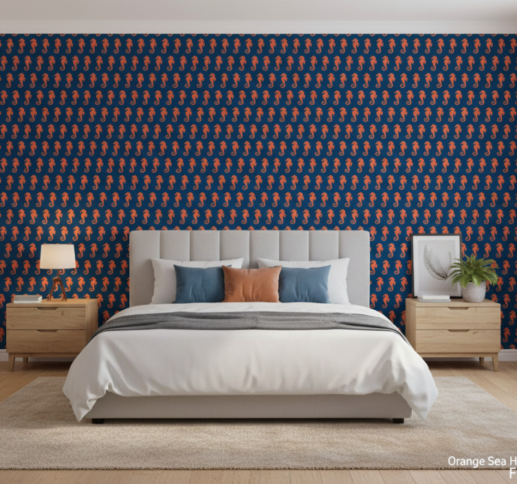 Orange sea horse pattern wall paper in bedroom - TenStickers
