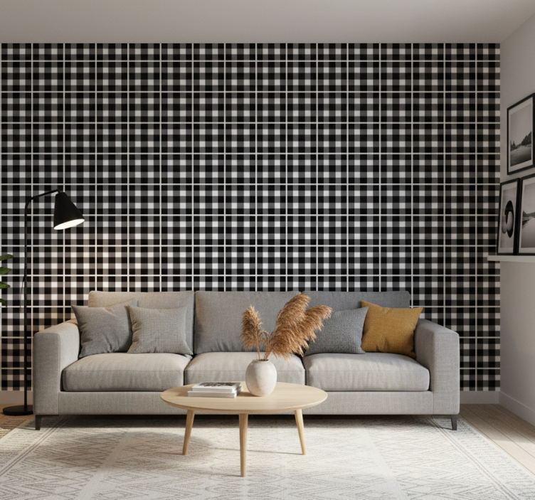 Ornamental wallpaper black and white gingham pattern - TenStickers
