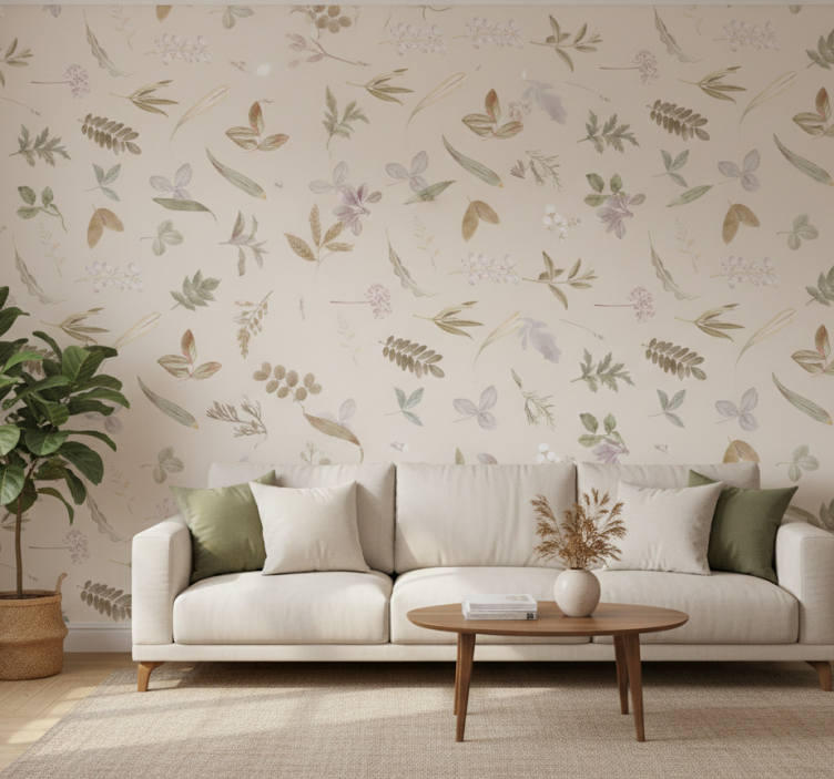 Leaves wallpaper with floral motif overlay - TenStickers