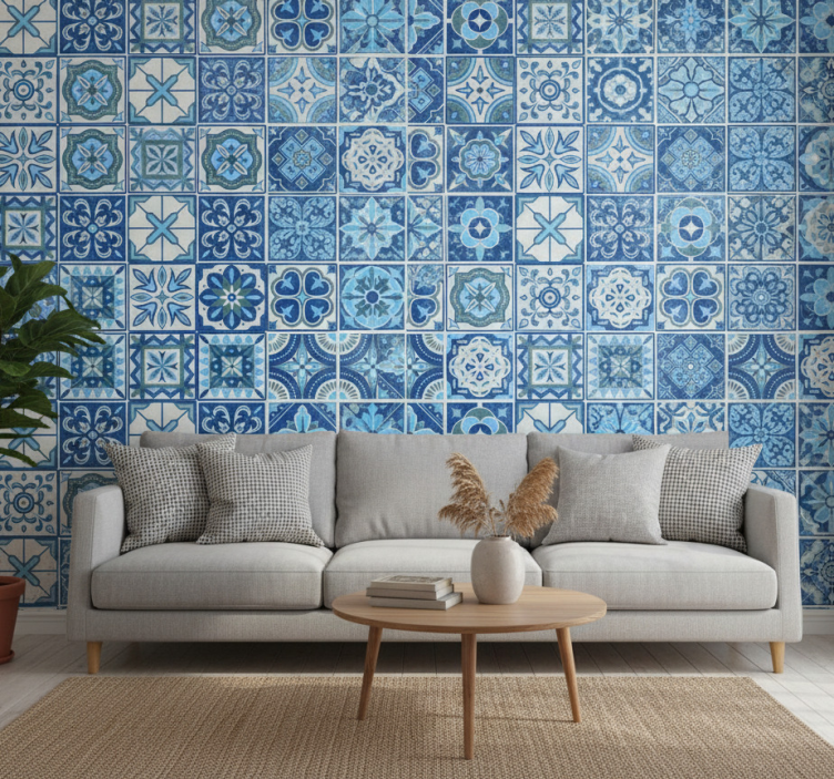 Tile effect wallpaper talavera blue design - TenStickers