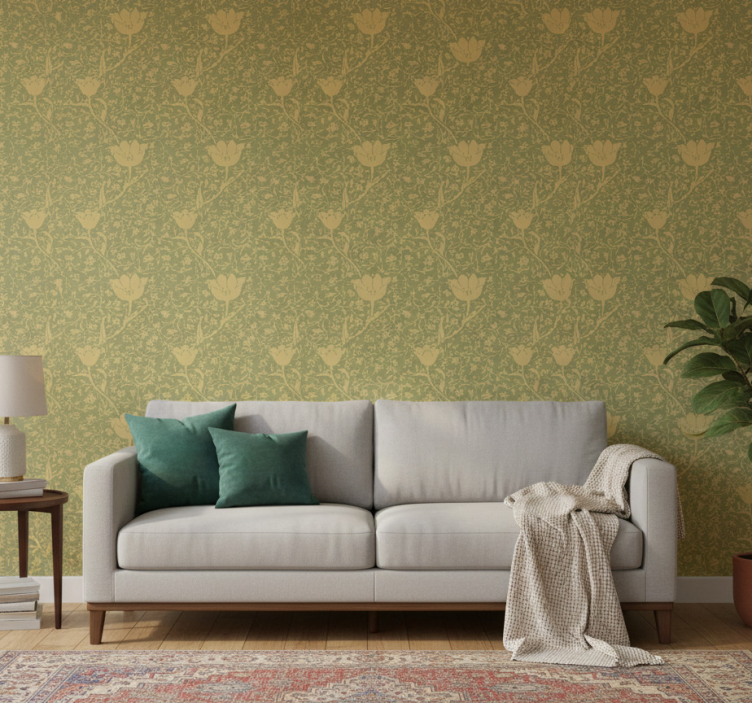 Ornamental wallpaper with gold and green floral design - TenStickers