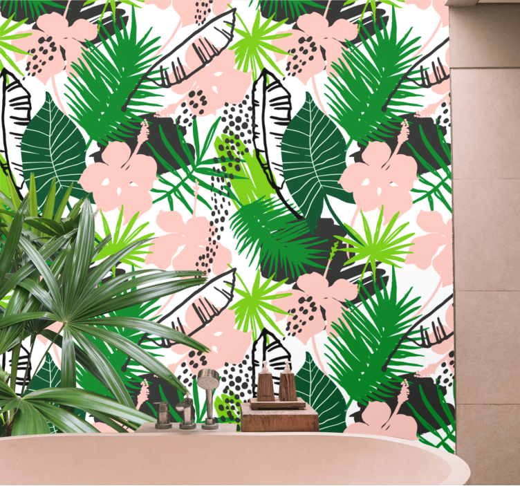Palm leaves and flowers tropical leaf wallpaper - TenStickers