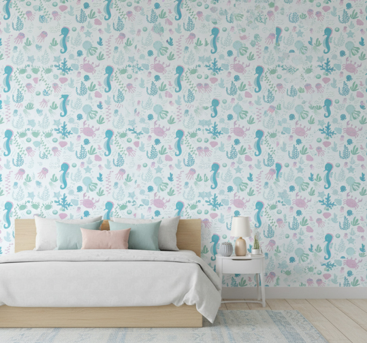 Pastel color sea animals and plants wall paper in bedroom - TenStickers