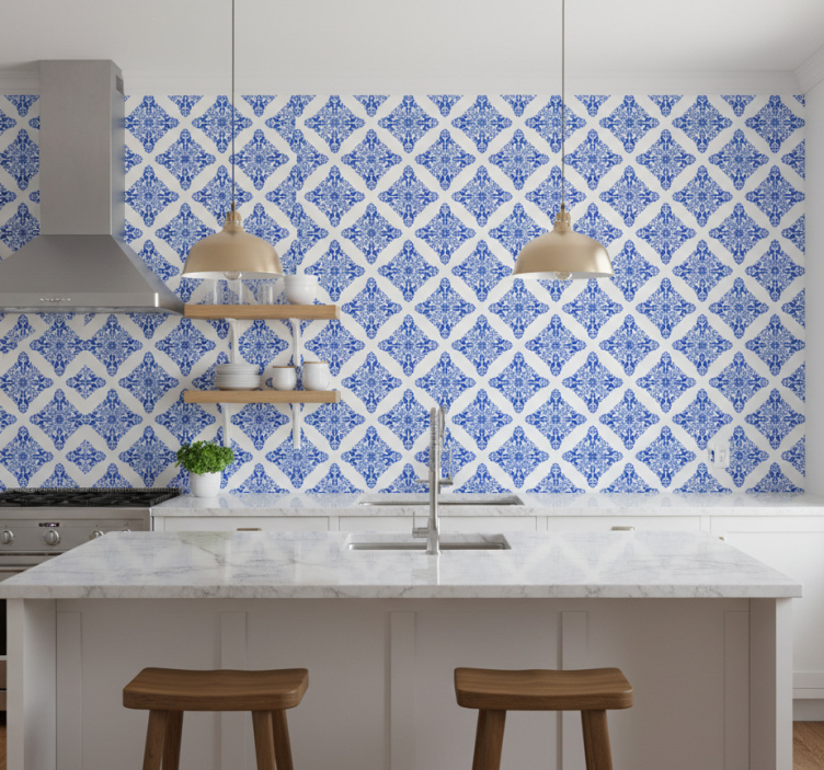 Patterned blue tile effect wallpaper - TenStickers