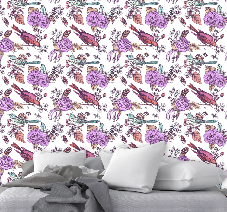 Pink birds design floral wallpaper - TenStickers