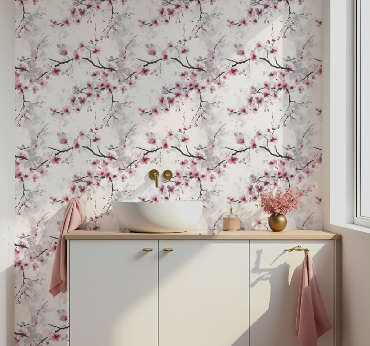 Pink cherry blossom wall covering bathroom wallpaper - TenStickers