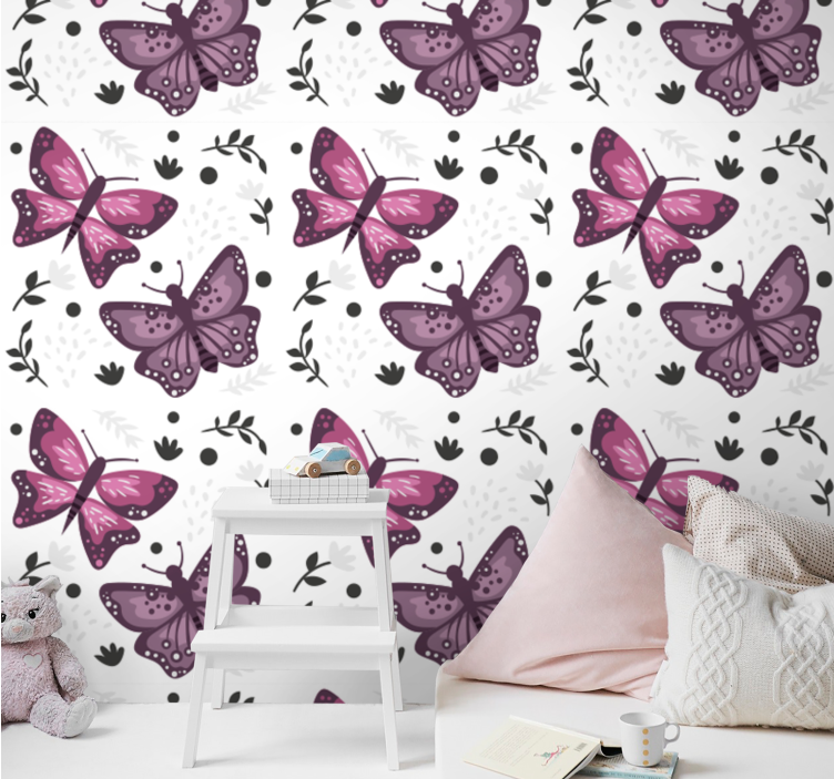 Pink motif with leaves butterflies wallpaper - TenStickers