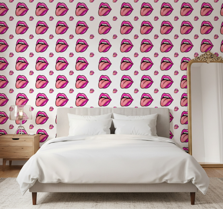 Playful lip motif wall paper in bedroom - TenStickers