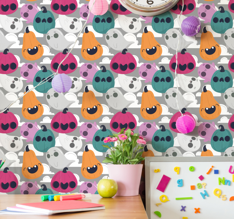 Playful Pumpkin Pattern cute halloween wallpaper - TenStickers