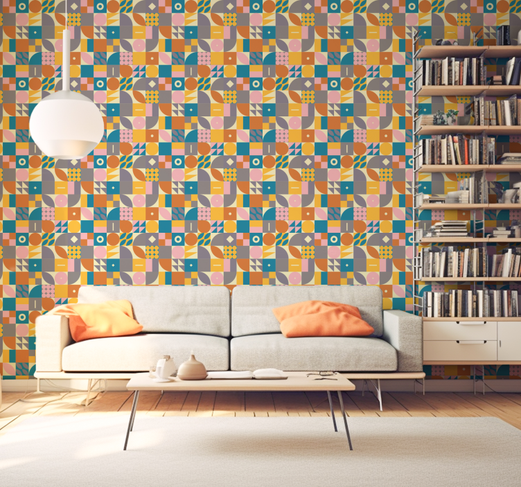 Retro colorful geometric living room wallpaper - TenStickers