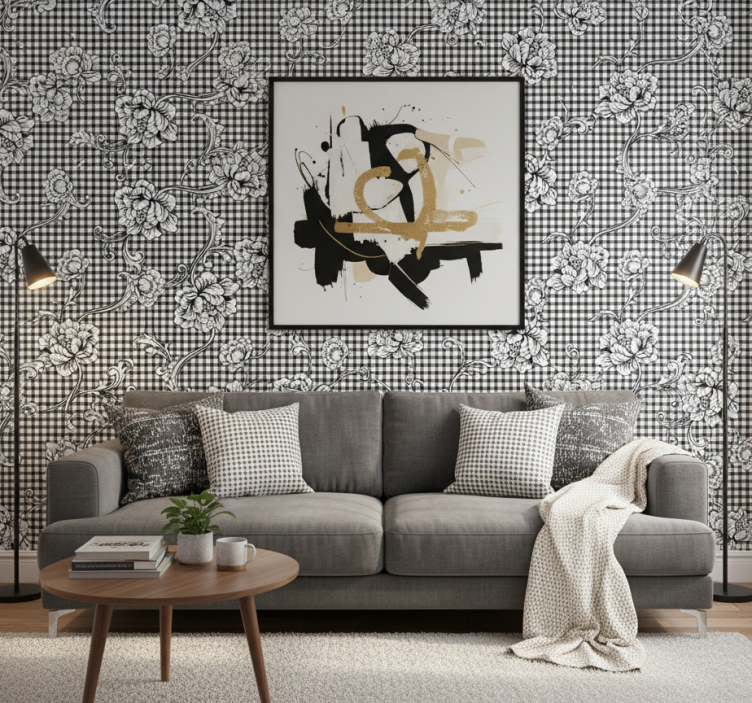 Retro wallpaper black and white vintage gingham - TenStickers