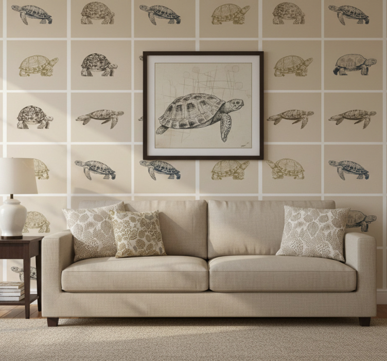Retro wallpaper turtles on beige background - TenStickers