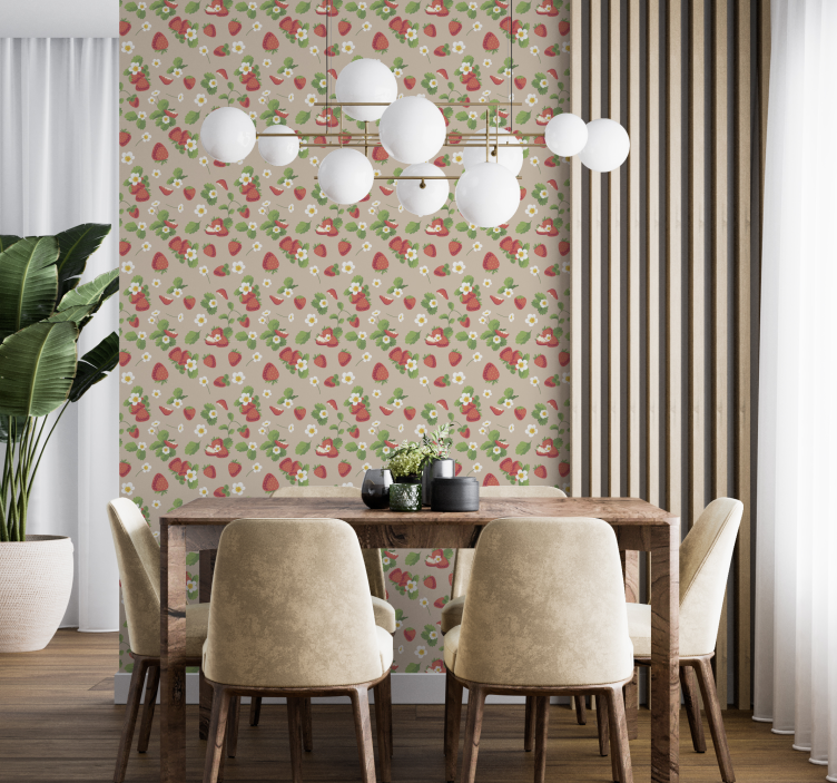 Strawberries and flowers Dining room wallpaper - TenStickers