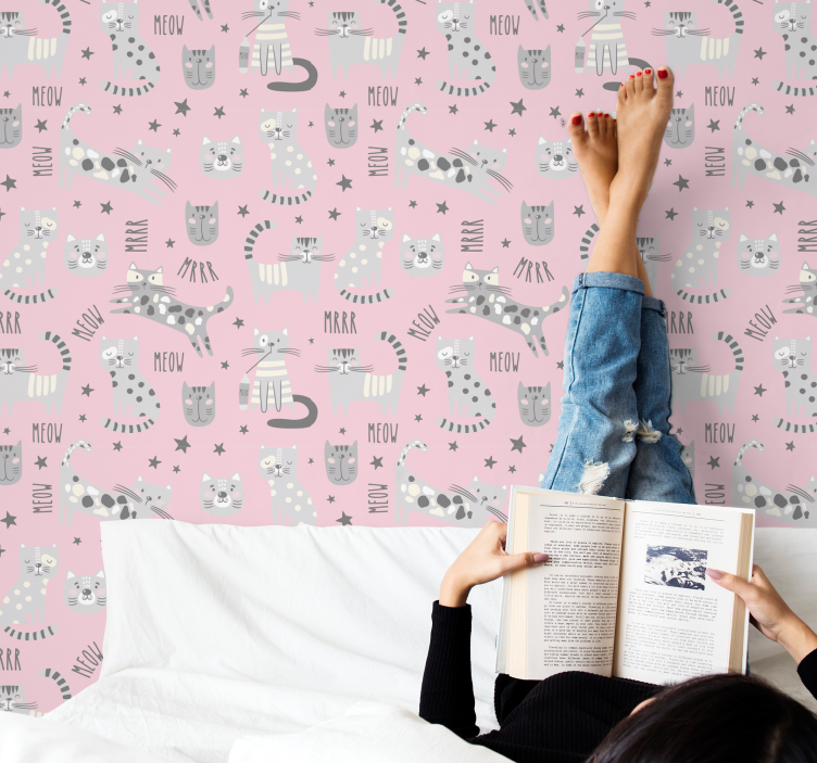 Different meow text with funny drawings of cat wallpaper - TenStickers