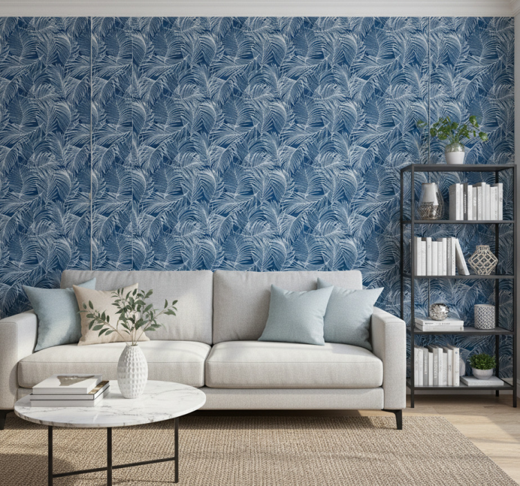 Leaves wallpaper in blue with white outline - TenStickers