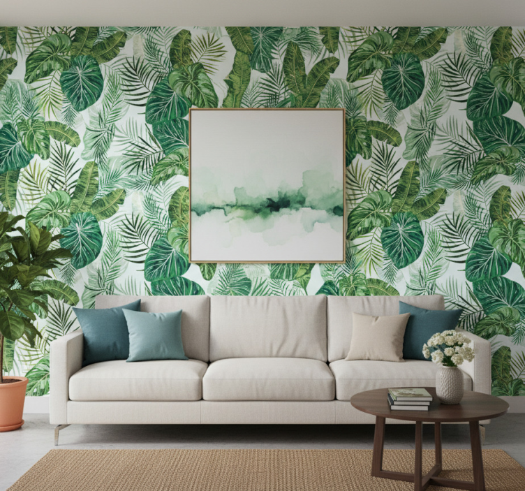 Jungle themed wallpaper with large green leaves - TenStickers