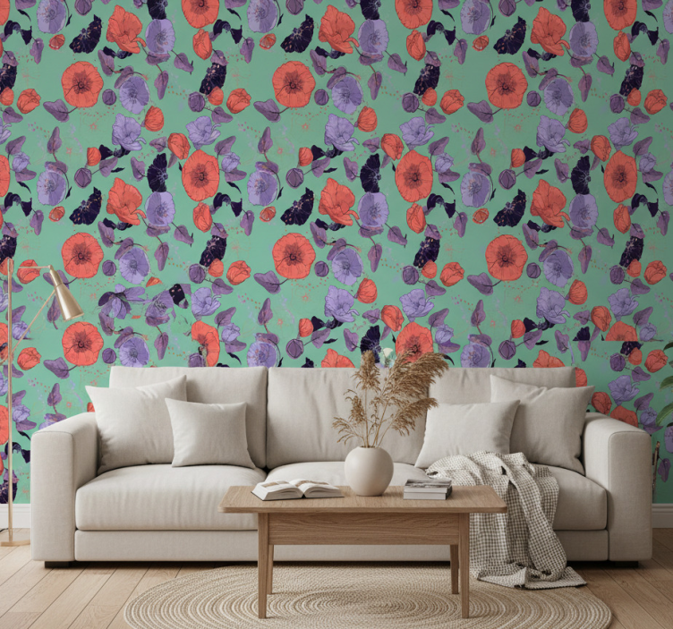 Flowers wallpaper blue and red poppies design - TenStickers