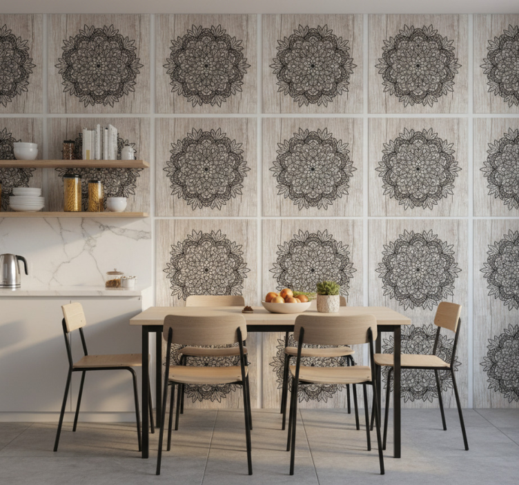 Tile effect wallpaper black mandala on wood - TenStickers