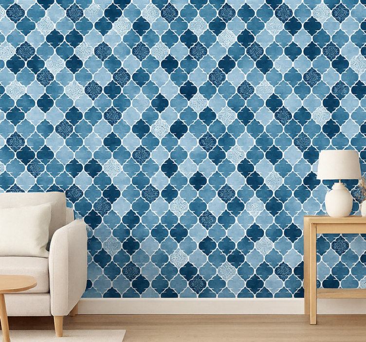 Tile effect wallpaper blue watercolor moroccan - TenStickers