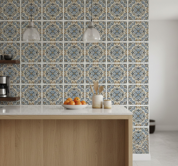 Tile effect wallpaper floral design - TenStickers