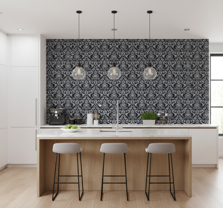 Tile effect wallpaper in gray and black baroque mosaic - TenStickers