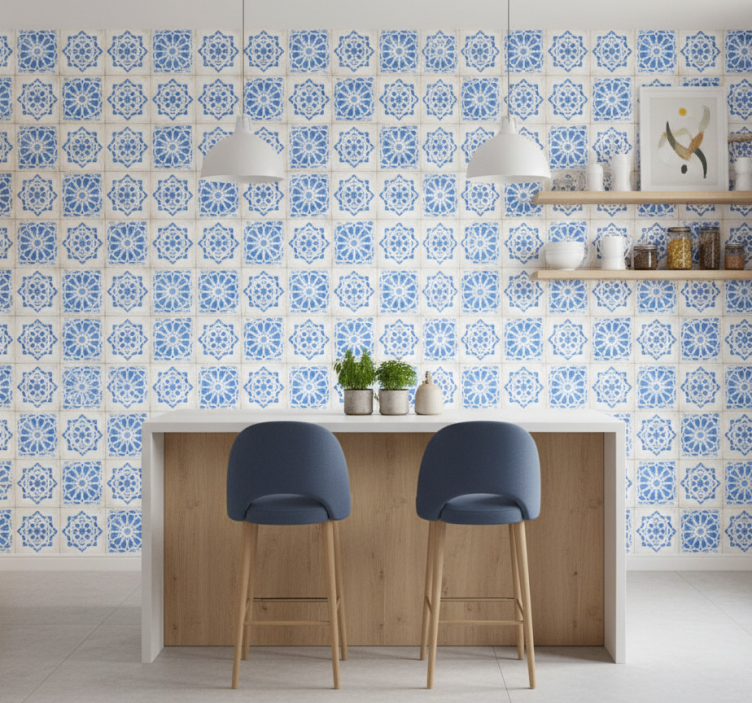 Tile effect wallpaper intricate blue designs - TenStickers