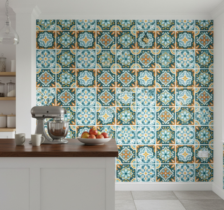 Tile effect wallpaper turquoise tiles - TenStickers