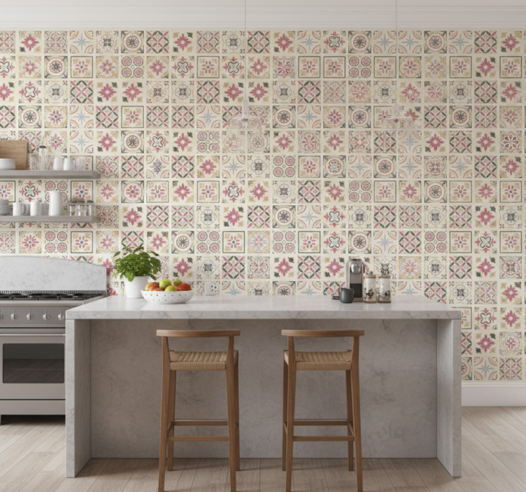 Tile effect wallpaper with geometric floral design - TenStickers