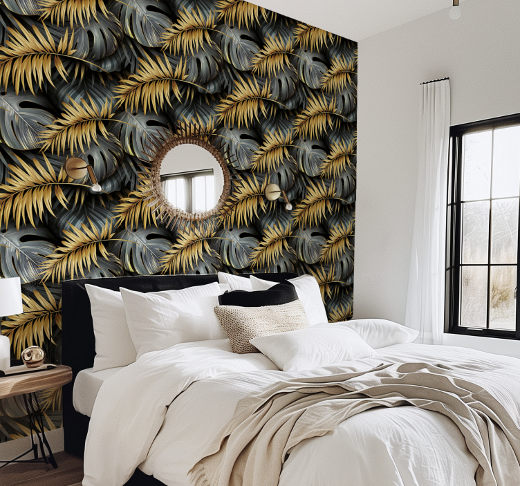 Tropical leaves black wallpaper - TenStickers