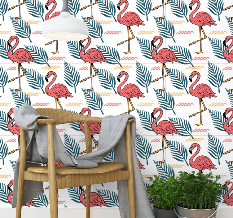 Tropical leaves with flamingos Animal Wallpaper - TenStickers