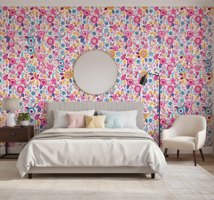 Vibrant botanical wallpaper in bedroom - TenStickers