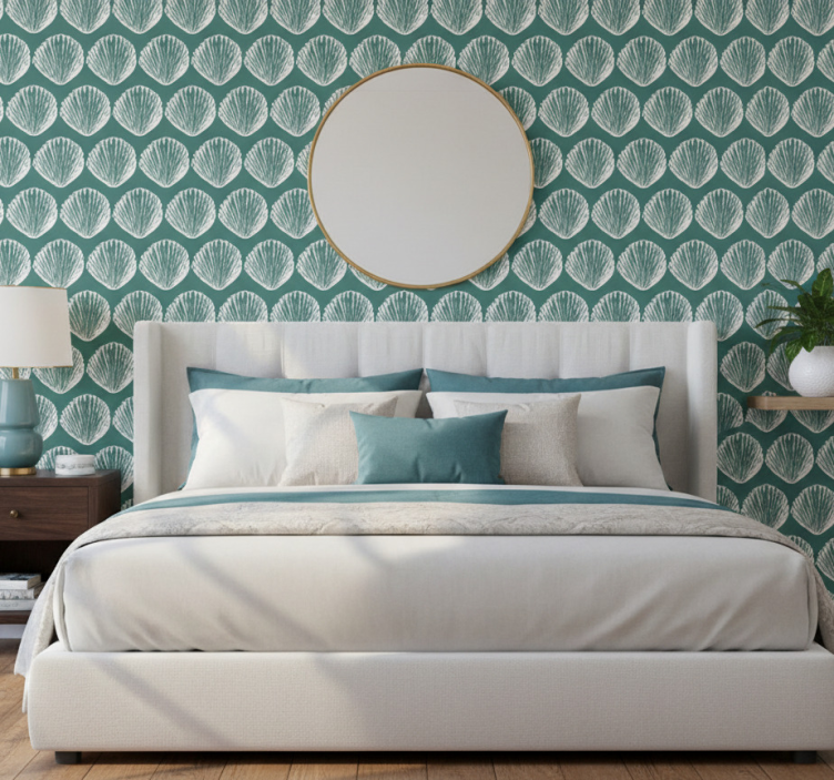 Wall paper in bedroom with decorative shell design - TenStickers