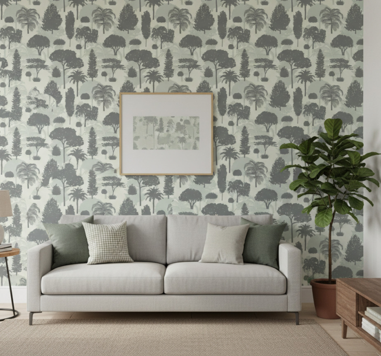 Wallpaper of a tree with silhouetted forest design - TenStickers