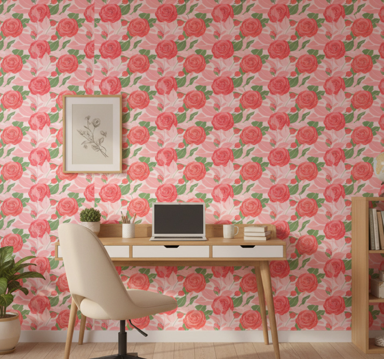 Wallpaper office roses on a pink background - TenStickers