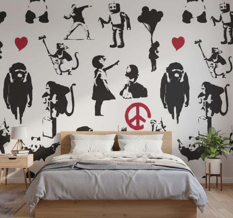 Whimsical character patterns wall paper in bedroom - TenStickers