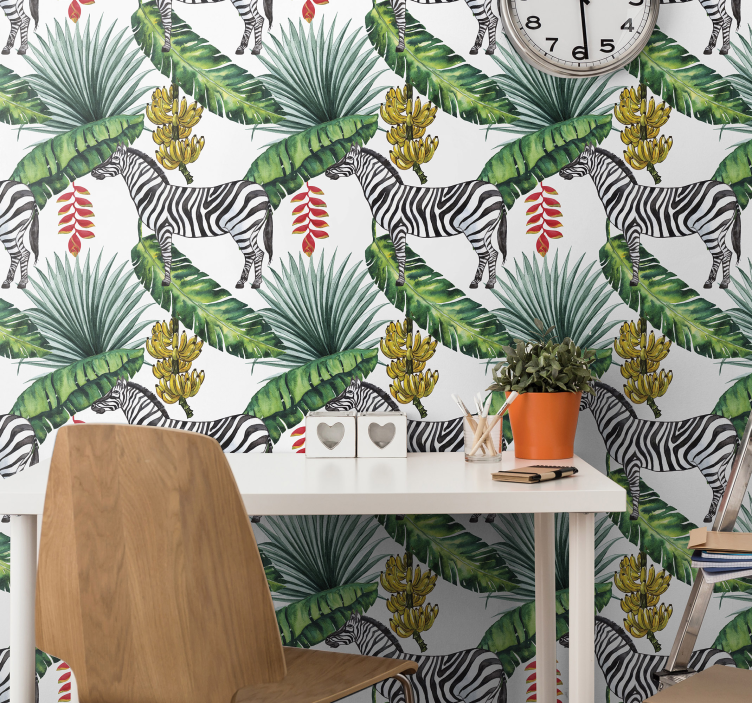 Tropical foliage wallpaper zebras - TenStickers
