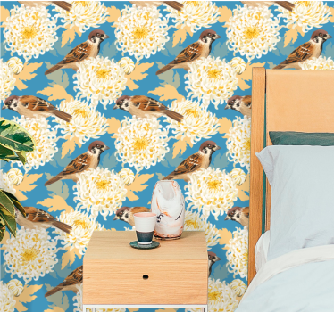 Chrysanthemum Sparrows birds in wallpaper - TenStickers
