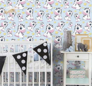 Baby motif on blue background wallpaper zebras - TenStickers