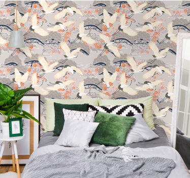 Flying cranes pattern birds in wallpaper - TenStickers