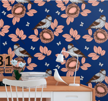 Nests and Leaves birds in wallpaper - TenStickers