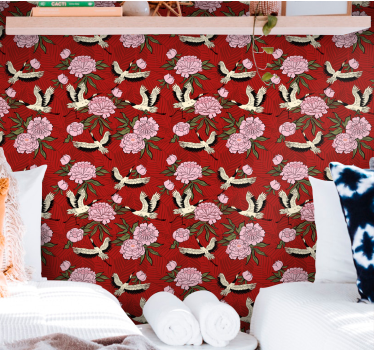 White birds on red tropical pattern Wallpaper for bedroom - TenStickers