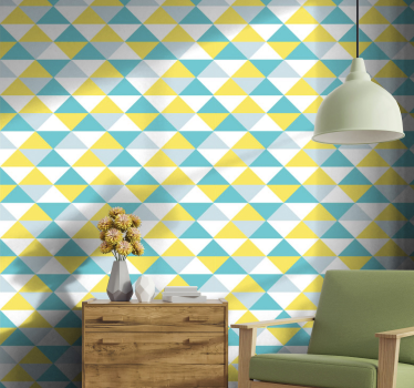 Yellow and shades of blue geometric tile Effect Wallpaper - TenStickers