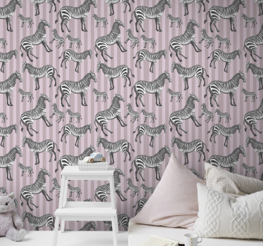 Pink animal motif wallpaper zebras - TenStickers